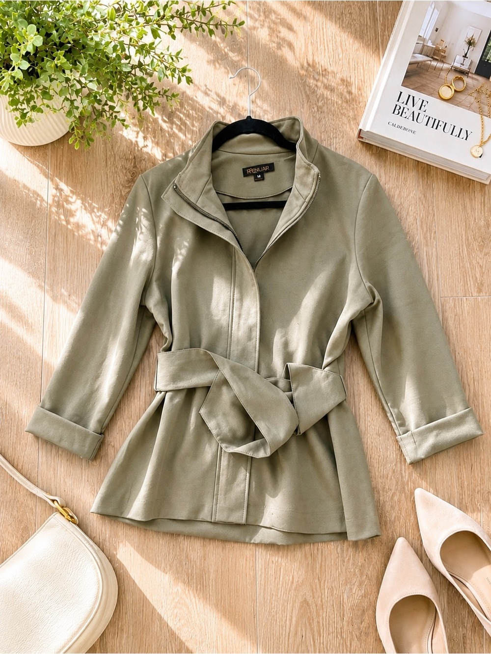 Renuar Olive Green Minimalist Belted Trench Blazer Coat - Relaxed Waist Tie
